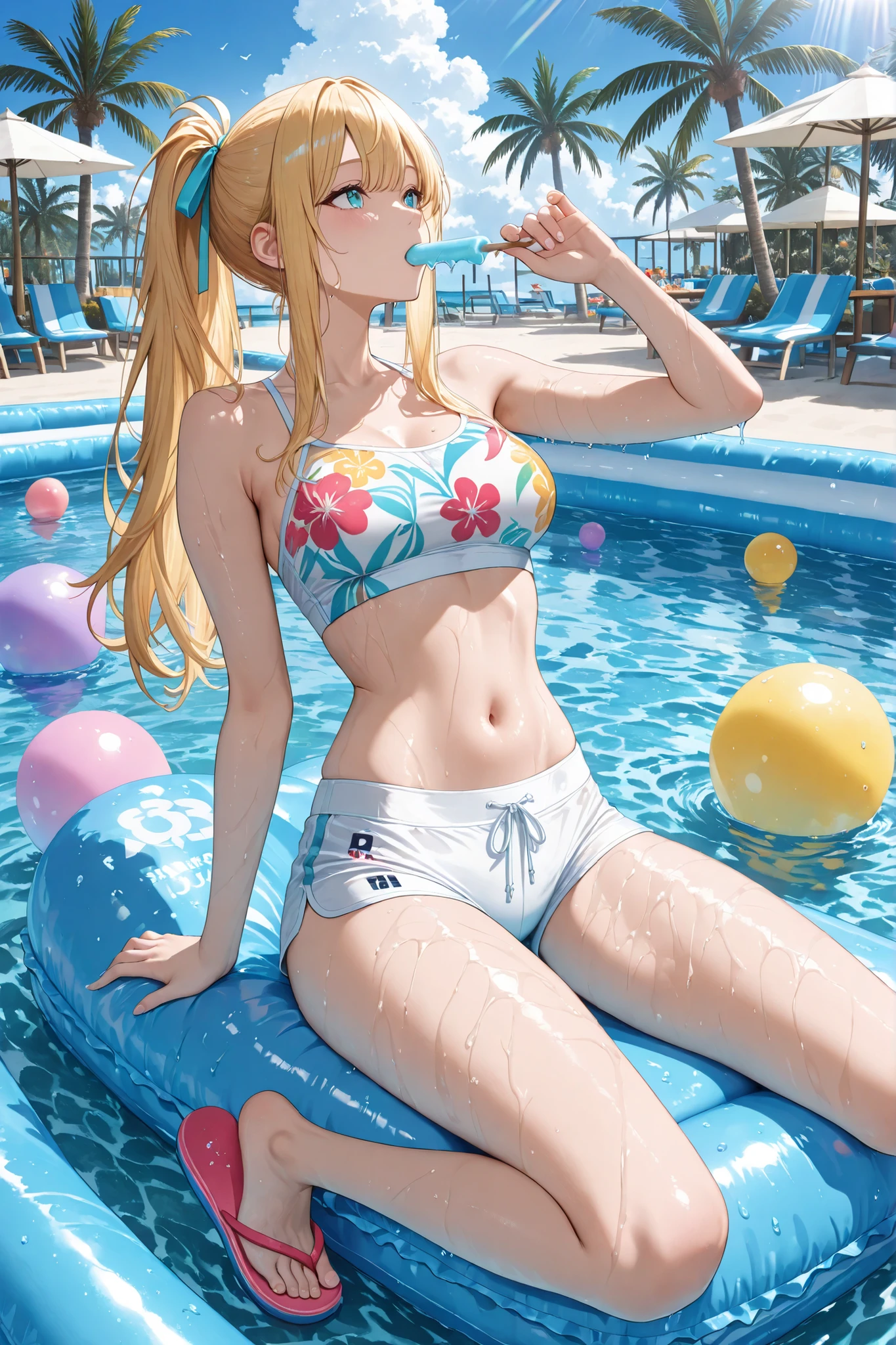1 girl, (detailed blue eyes, lange wimpern, detailed beautiful face:1.1), 4k quality, twintails, Haare Seiten nach oben, (Long blonde hair:1.4), (arms behind back:1.3), (big breasts:1.5), Red rope, (blushing:1.3), erina nakiri, long hair, orange hair, hair between eyes, (black skirt, White crop top, school girl, 18 jears old:1.4), (bondage:1.3), erhobene Augenbrauen, pralle Brüste, OTN, Gag, gagged, (laying in water:1.5), wet, (near a Public beach with many people:1.5)