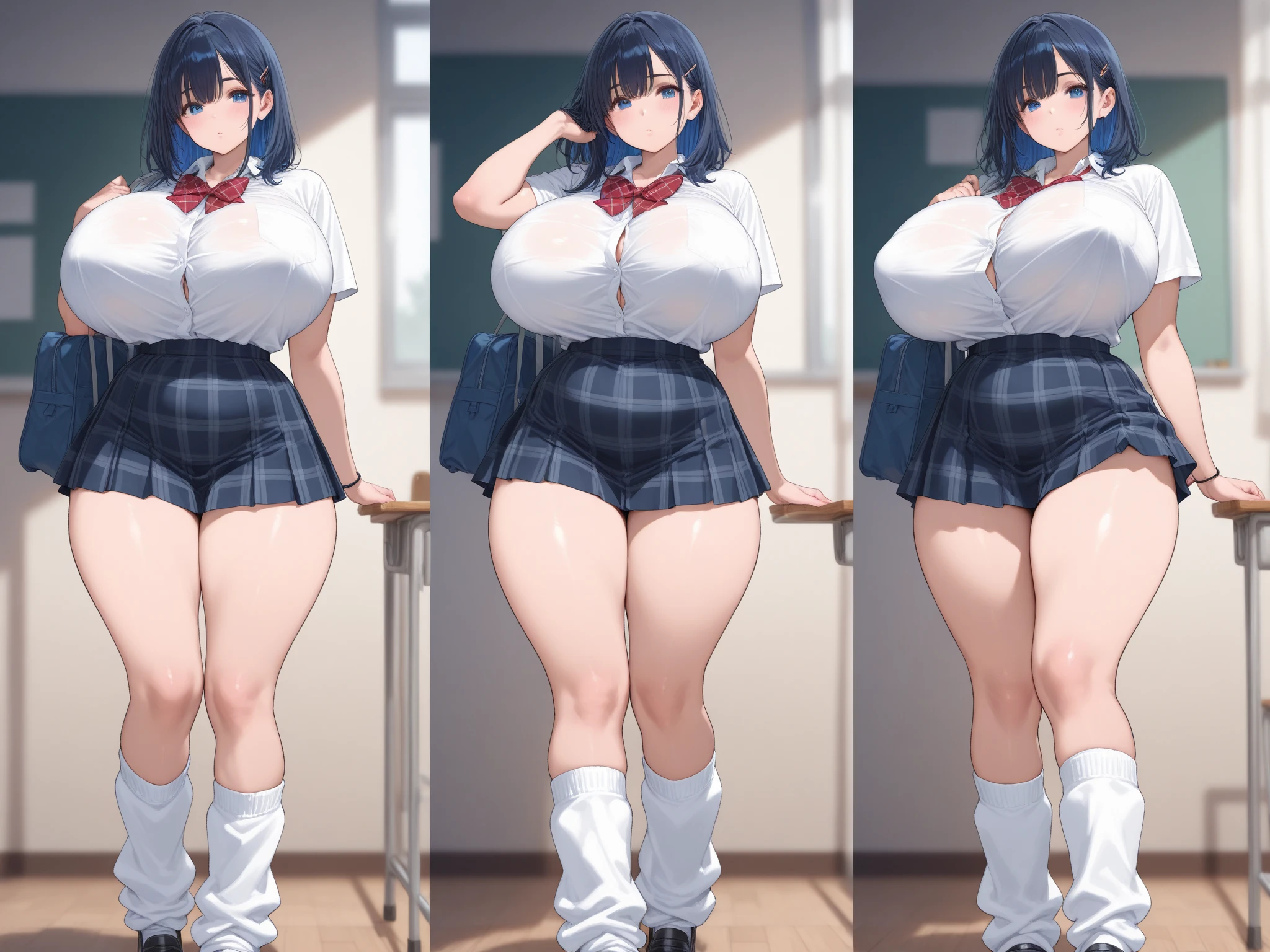 ((highres)), Masterpiece, high quality, best quality, beautiful, perfect lighting, detailed face, ultra cute face, ((3girls)), one girl has blonde hair, blue eyes, crop top and shorts, skindentation, one girl has brown hair, green eyes, jeans, white shirt, tight clothes, one girl has, Short black hair, brown eyes, crop top and shorts full body, fast food restaurant, medium breasts, cleavage, ((wide hips)), (thick thighs), ((plump)), plump belly, fat folds, standing,