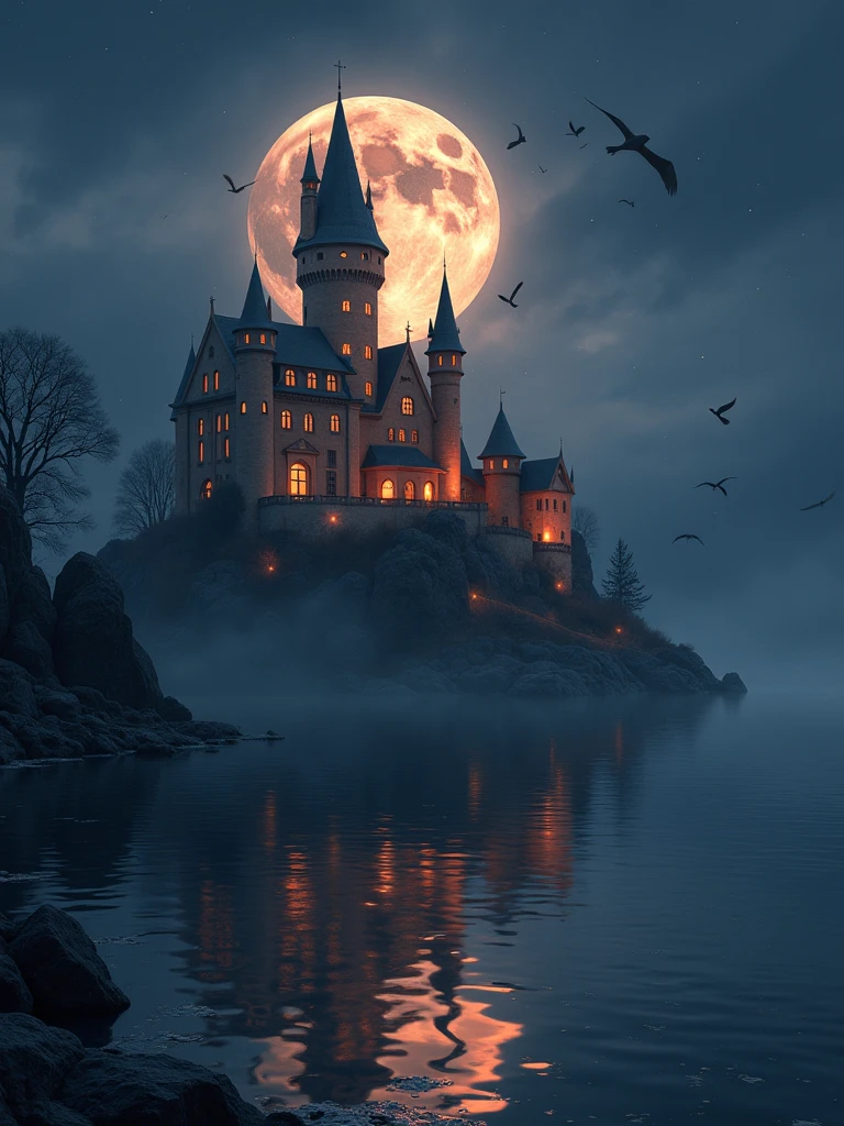 Realistic digital painting of a magical castle at night with a large ...