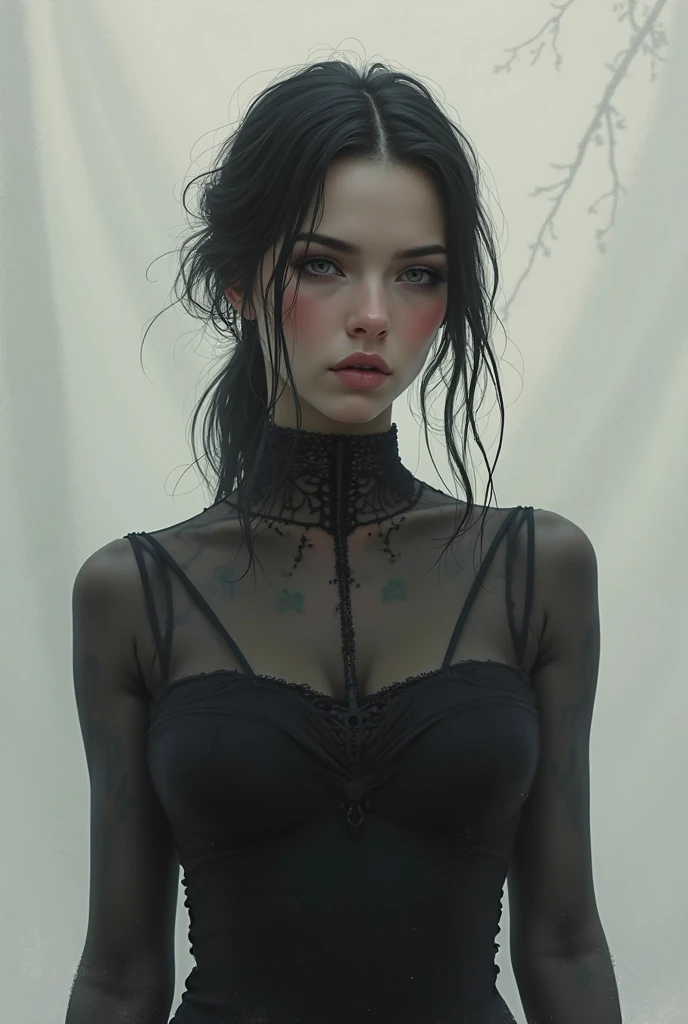 realistic, masterpiece, (full body) photograph of beautiful woman, (amazing body), pale skin, black hair, (wearing top and skirt), (emo, e-girl aesthetic), pubic hair, (makeup, eyeliner, eyeshadow), mist, (surrounded by fog:1.5) (detailed facial features), (perfect face), ((detailed)), ((photorealistic:1.4)),