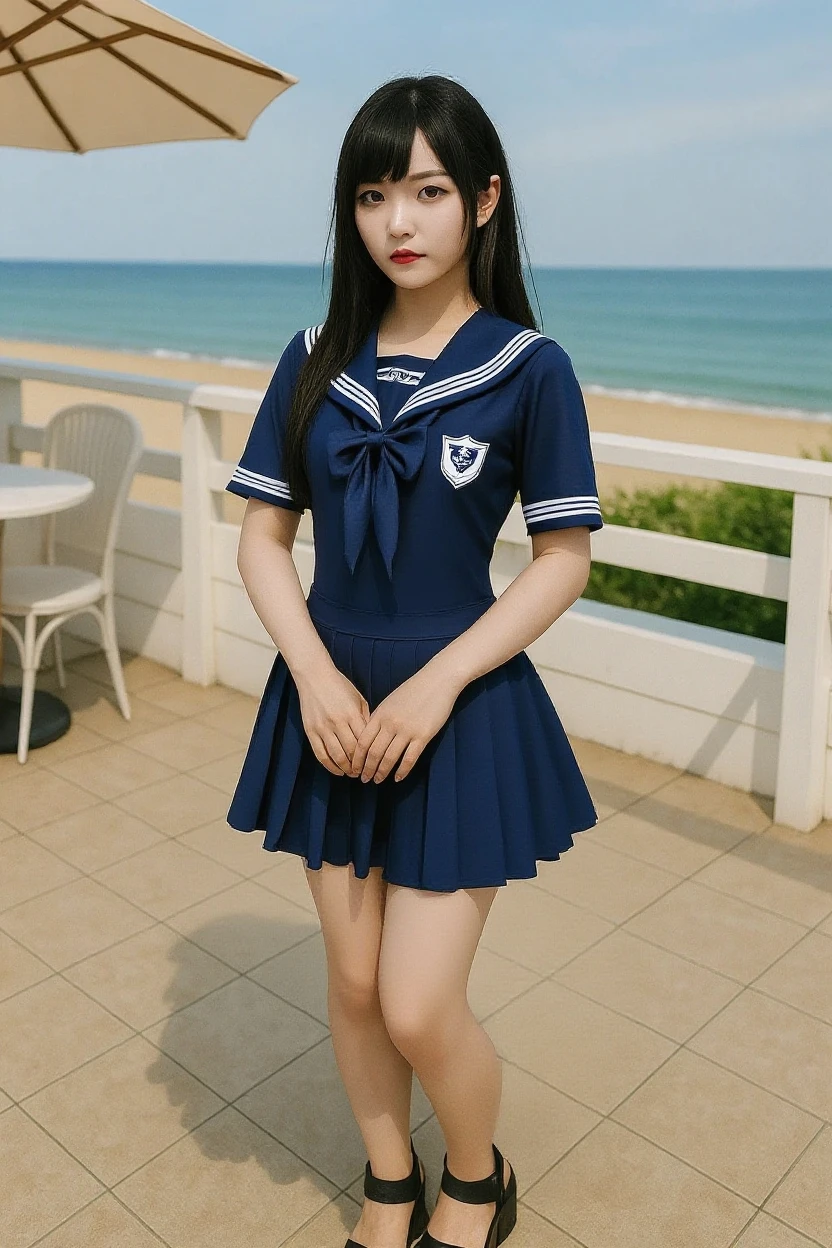 ((top-quality、8K、​masterpiece:1.3))、Beautiful woman with perfect body shape:1.4、((Brown hair、tits out:1.2))、Put your arms behind your head、(((Sailor suit with short sleeves、a miniskirt)))、On the beach、Highly detailed facial and skin texture、A detailed eye、二重まぶた