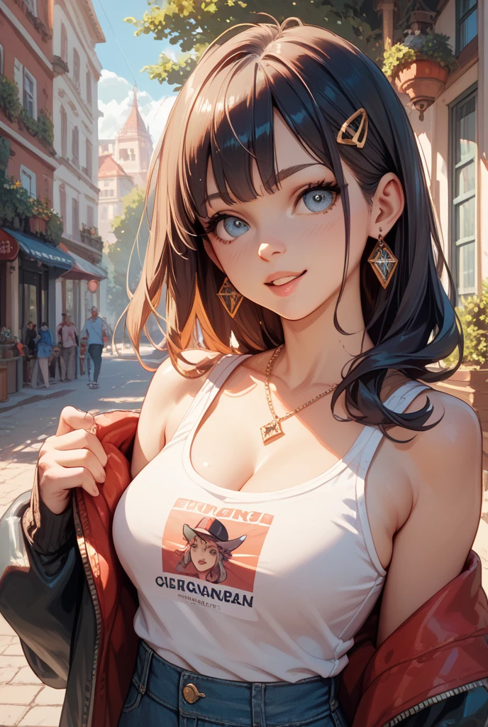 score_9, score_8_up, score_7_up, score_6_up, score_5_up, score_4_up,1girl, animal ears, animal hat, blue eyes, , cleavage, fur trim, hat, jacket, jewelry, lips, long sleeves, looking at viewer, , necklace, outdoors,bending over, smile