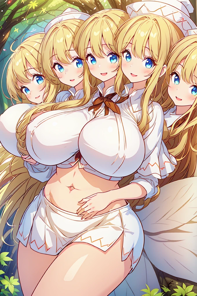 ((highest quality、High resolution、masterpiece))、(((2girls))), Portrait、A beautiful woman、Perfect body、Beautiful ample breasts、Nipples、Long blonde、bangs、Blue and white、Embellished blue sexy dress、No panties、Embarrassed、((She lifts her skirt to show her pussy))、Love juice
