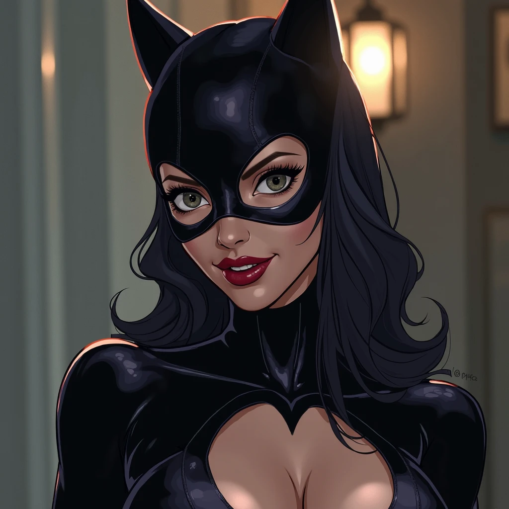 "In a world where humans and cats coexist, there is one feline who stands out among the rest. With her sleek black fur, piercing blue eyes, and alluring curves, Michele Phipher is the epitome of a sexual catwoman. But don't be fooled by her seductive appearance, for she is a skilled thief and master of disguise, always one step ahead of her enemies."