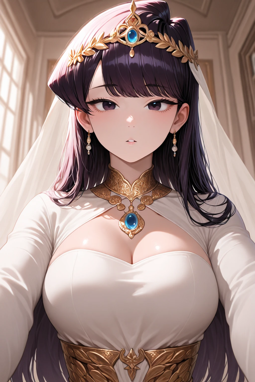 A black haired woman with brown eyes is standing in a wedding dress covered in lace.