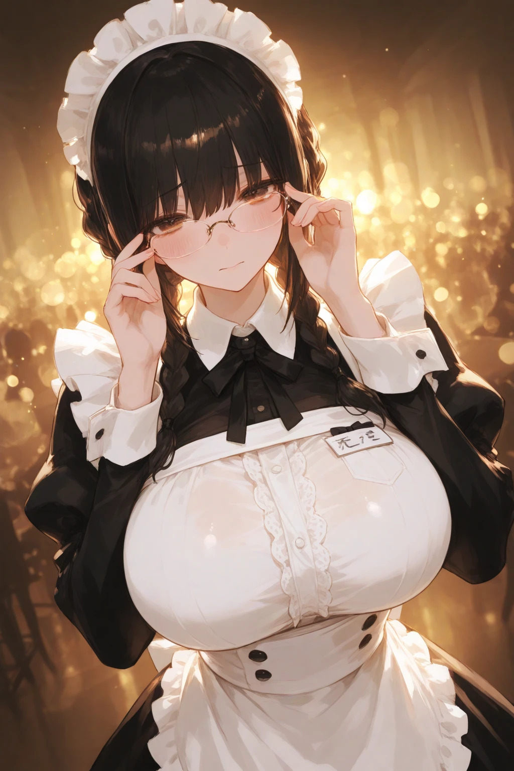 source_anime, score_9, score_8_up, score_7_up, source_Blue_Archive, dynamic, 1woman, (Karin_(Blue_Archive):1.0), dark-skinned_female, yellow eyes, halo, huge breasts, GTSTY132, (maid), looking at viewer, facing viewer, shy, blush, blushing, embarrassed, sunny, outdoors,