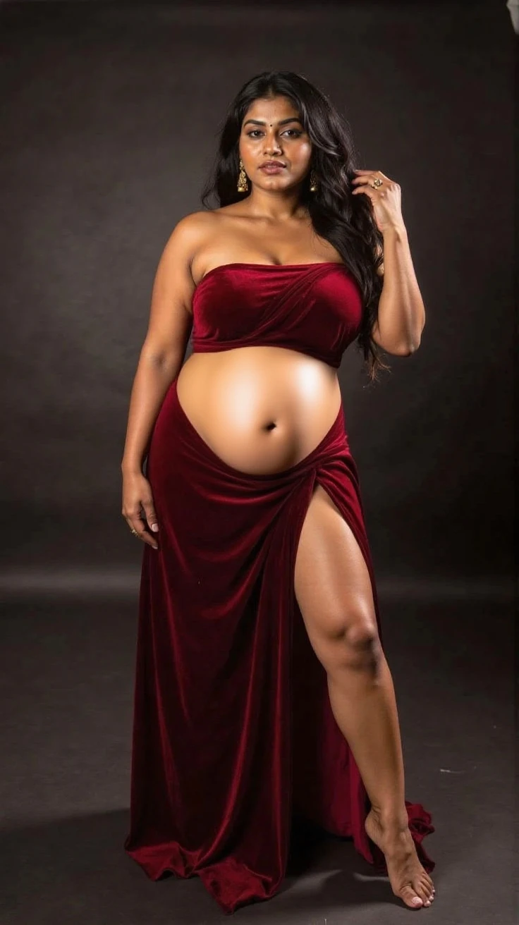 Full body image of pregnant black woman in black dress

