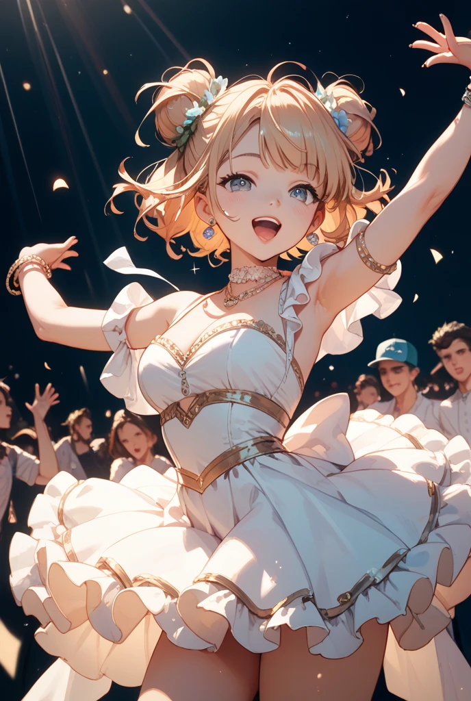 ((Highest quality)), ((masterpiece)), (detailed), (Perfect Face)、The woman is Reika Aoki, a Latin American with brown skin and medium-long blonde hair.、Woman wears Latin dance dress in South America、The woman is dancing Latin dance passionately