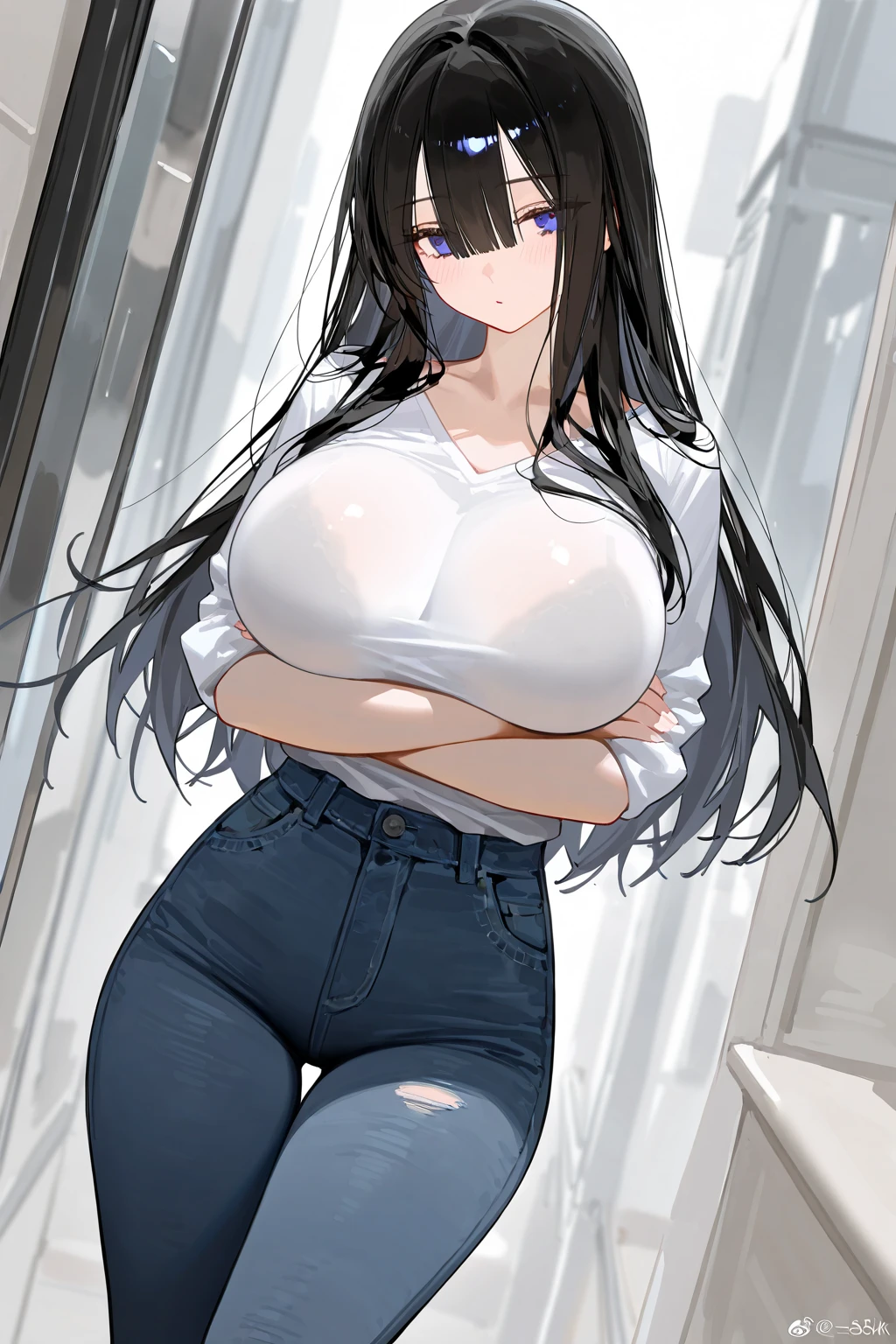 High quality, masterpiece, extra limbs, missing limb, sketch.. beautiful girl, glamorous big breasts、Neat and clean black hair long uniform JK、Look this way、Overall view