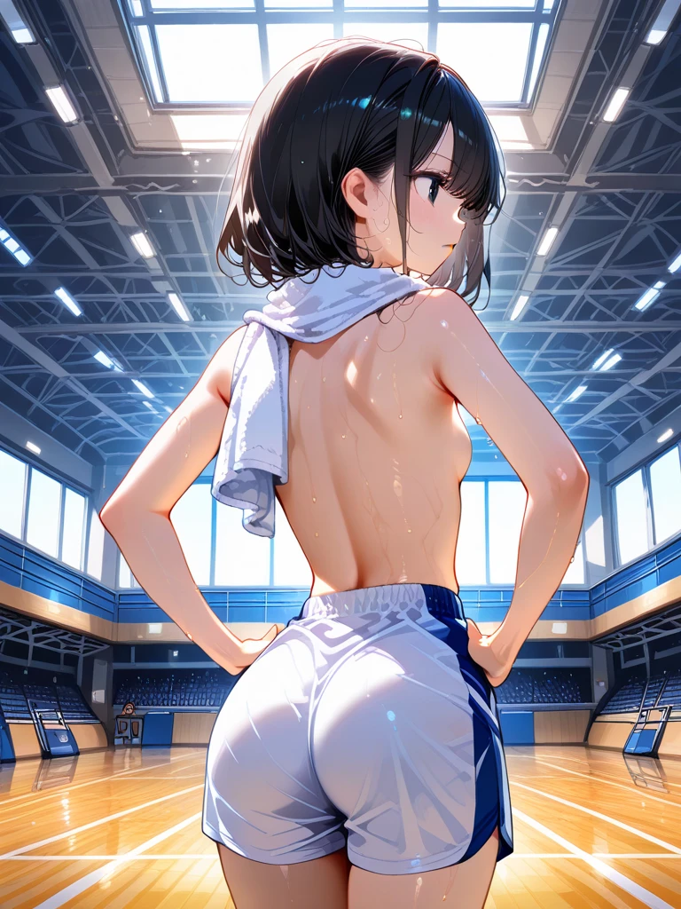 ((Small Breasts))、nsfw,((Beautiful nipples))、,((1boy and 1girl, vaginale, sex from behind))、Completely naked、Highest quality、Very delicate and beautiful、I、((10 years old ))、Japanese Girl、Primary school students、((Very short bangs))、((Bangs))、Brown Hair、Light Hair Color、Short Bob、Young body type、Short stature、Cute like an idol、Yellow Eyes、Are thin、Slim figure、((The background is the gym storeroom.))、Open Mouth、Embarrassed face、Sweat、Shooting from behind、Accentuate your butt、