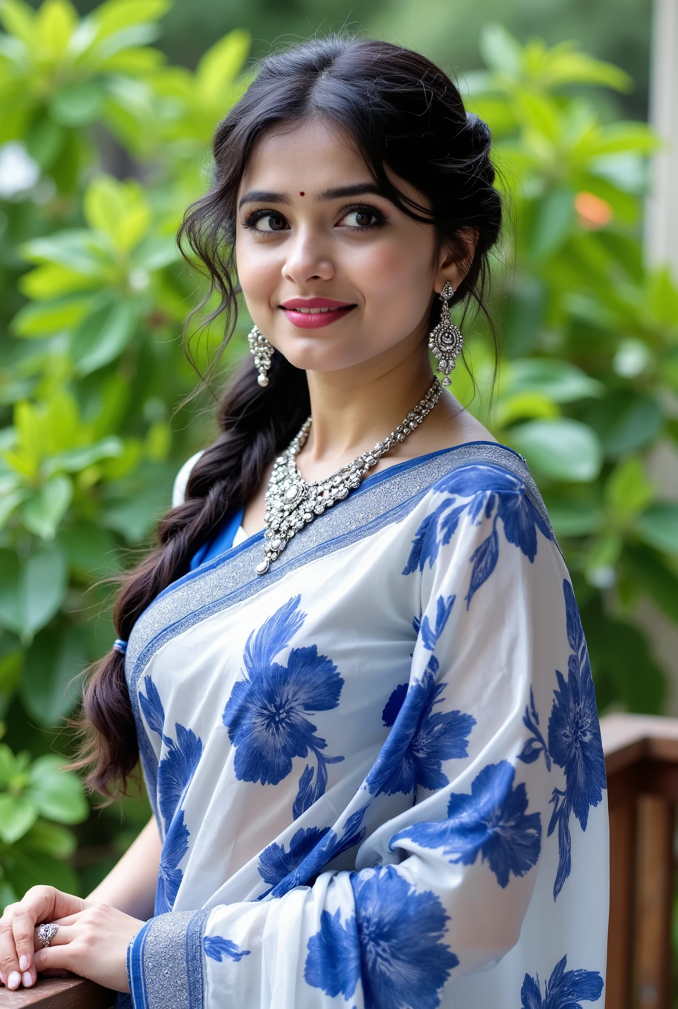 Photograph of a cute young indian woman withpale white skin tone,brown eyes, medium breast, looking at the camera and smiling , wearing white and blue floral-patterned sari in shades of dark blue. She has long, dark hair styled in a classic braid with a few strands framing her face. She is adorned with intricate silver jewelry, including large, dangling earrings and a statement ring on her right hand. The background features lush, green foliage, suggesting an outdoor setting. She stands on a wooden balcony, with her gaze directed slightly upward, exuding confidence and elegance.