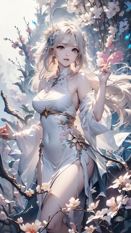 loose outfit、Show shoulders、Navel Ejection、How to wear a gown with a dark see-through halter neck broken、Decorated with intricate patterns and pastel colors、Transparent material that makes the skin shine、Artistic depiction of seductive woman in gown with wet thin cloth and transparent skin, Floral and fantastic pattern with flowing silky traditional see-through skin。Her dress draped elegantly around her curvaceous figure、Emphasizes her charming silhouette。She's a gentle fireworks night、Dynamic Posing、Sexy Posing、bathed in the soft glow of moonlight。The scene is、With a hint of mystery and sensuality、It exudes an ethereal dreamy atmosphere。The image style is、Incorporates a blend of watercolor and digital illustration techniques.、It makes you feel delicate beauty and charm。Soft moonlit lighting、Cast gentle highlights and shadows on her mesmerizing features。Dynamic Posing、Bold poses、The hand is somewhere、see -through、show through、A sexy、Wet hair、Wet、cherry trees、flower petals、cherryblossom、The cherry tree、Sakura blizzard、buried、Transparent skin、Wet clothes、Chest Pulling、Translucent clothes、Eau、nudde、garterbelts、fishnet tights、huge moon、Blue hair、Blue eyes、