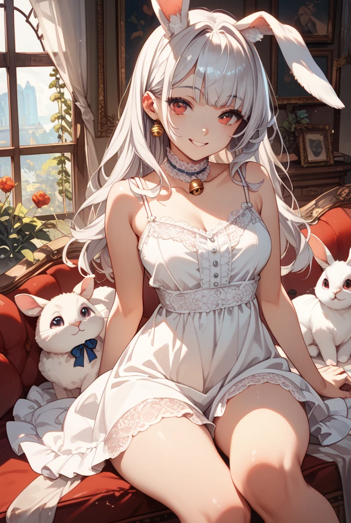 official art, masterpiece, sharp focus, Delicate and beautiful hair and eyes and face, ultra detailed, beautiful girl, mouse girl, with big round animal ears, mice, (the color palette uses mainly dark blues, with a hint of yellow and brown for details), gingham, white hair, pink-red eyes, white eyelashes, albino rat, cute pink tail with a bow, wearing a comfy pajamas with cute cheese pattern, about to go sleep, bedroom, cute,sfw, epic scenery, indoors background, cute, kawaii, plants