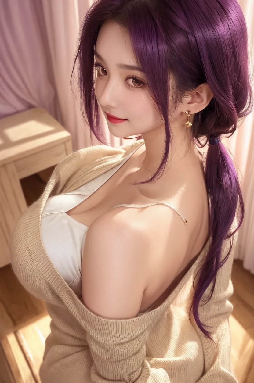 1 girl, blunt bangs, braid, wide sleeves, hair ornament, japanese clothes, red obi, (purple hair:1.2), very long hair, Straight hair, looking at the viewer, very detailed background, (realistic photo:1.2), detailed eyes, red eye shadow, depth of field，airtight, (ulzzang-6500:0.7), Upper part of the body, (Alone:1.2), (cyberpunk city:1.1), neckline, (finger on lips:1.1),shiny skin