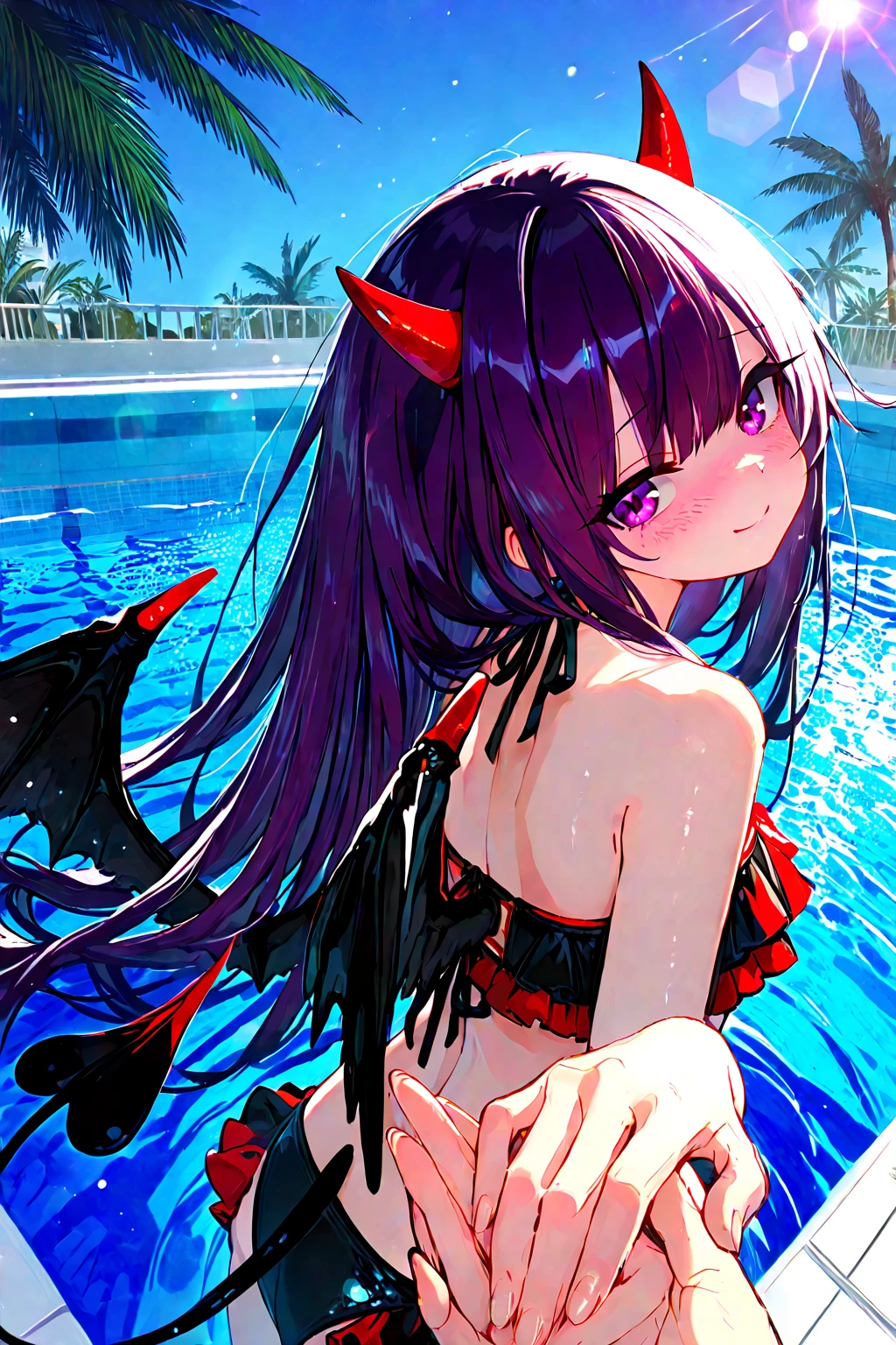 crawl on all fours、crawl on all fours、swimsuit、、Black Hair、Red ribbon、Red eyes、、Blushing、Small breasts、Small breasts、Black Bikini、lipstick、Perfect hands、Detailed hands、Poolサイド、Pool、one-piece swimsuit, strap slip、backwards、、backwards