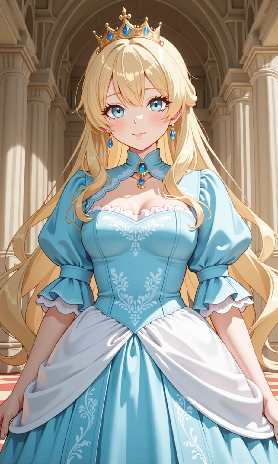 4K,High resolution,One Woman,Blonde,long hair,Light blue eyes,Big Breasts,princess,Blue Dress,White gloves,princessのティアラ,Jewelry decoration,Medieval castle