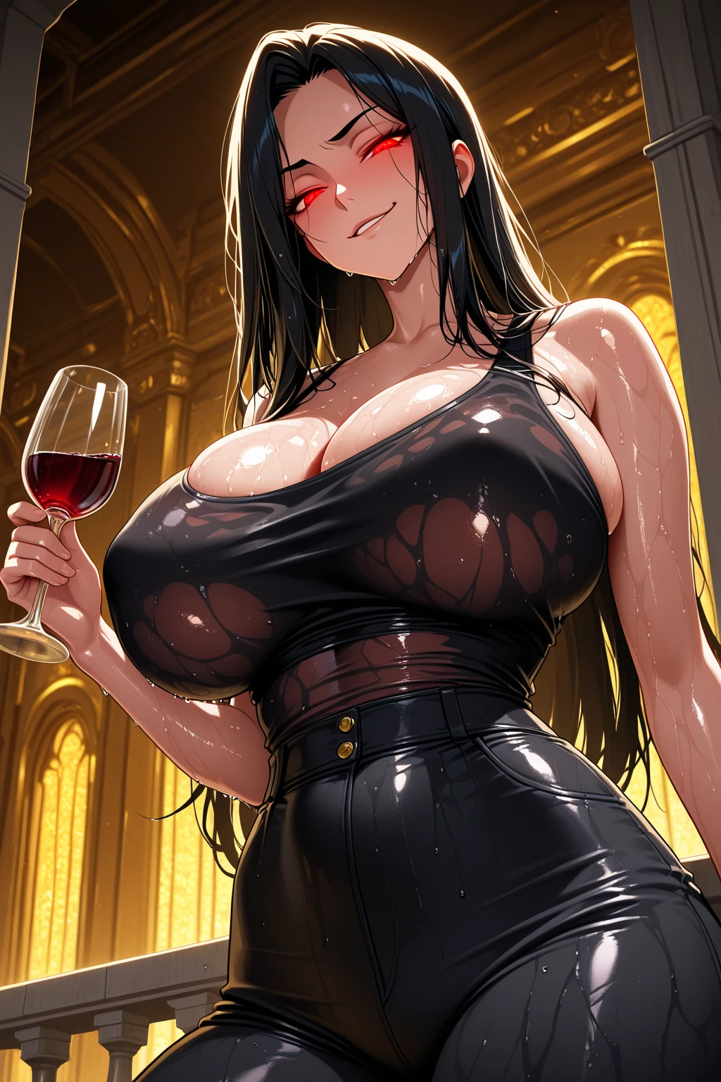 (best quality, 4K, high resolution, masterpiece:1.2, Extremely detailed),A plump woman,Looking at the camera sadly,Large Breasts,30 years old girl,独奏,black hair,long hair,blue eyes,(drunk,blush),sitting,drinking,((Mature sexy body)),Black stockings,Black tight skirt, Mature sexy body,holding mug,counter,pub,(Fashion bar) indoors, ((Cocktail Glass) Full of colorful wine), (dimly light room), Wine Bottle, Detailed background,Fluffy hair