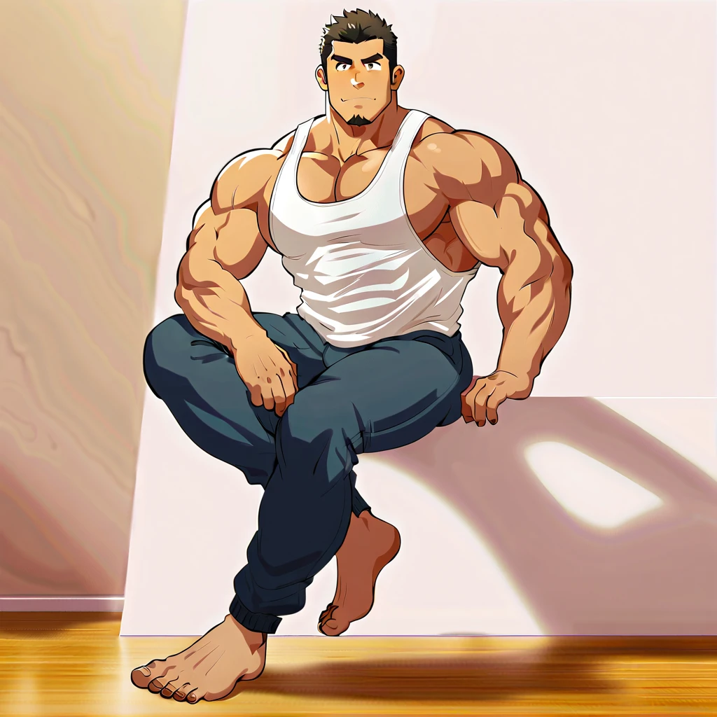 (barefoot)，(barefoot)，(Long legss )，Bigfoot,(whole body),(Long legs )，(He was wearing baggy shorts，Revealing his length, muscular的腿)，Interior background with vintage furniture and retro wooden floor，Surrounded by paleopods),(For the audience) ，(Put his hands on his waist)， (Focus on your audience) ，(There is a huge bulge in the area)，From the perspective of an outsider:Man sitting on the ground in a side-lying position，The upper body is tilted to the right of the picture，Legs extended to the left of the picture，The upper left part of the picture is a panoramic floor-to-ceiling window，(Dark brown hair)，(Clean face，No beard)，Broad shoulders，Muscles protrude a lot，The crotch is bulging，(Long legss)，Highest image quality，Japanese cartoons ，Anime Wallpaper，Chest muscle expansion,(,best quality)，((Exaggerated muscle bulge))，There is a dense forest outside the window，muscular and bulky, muscular characters, Awesome and cool, tall and muscular, muscular!!, Very strong, muscular attractive men, Huge muscles, Big Muscle, Muscle Man, Anime handsome man, muscular!, Giant muscles, muscular bodies, muscular character，Small head for body size，(Long legs)，Touch the ground with your foot and stretch to the left，Lean back，Lazy gesture，Behind is a panoramic floor-to-ceiling window