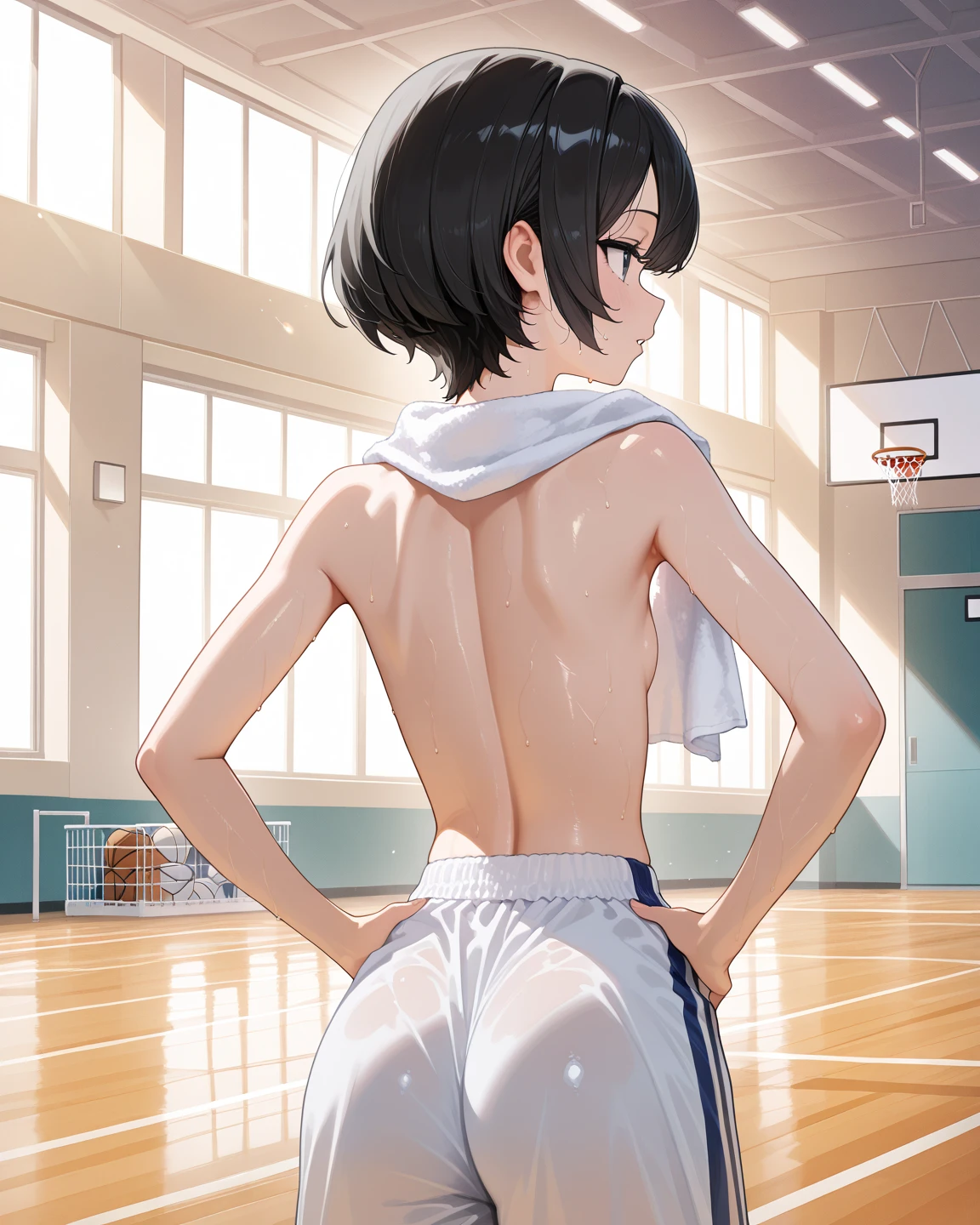 ((Small Breasts))、,(nsfw, 1boy and 1girl, vaginale, Standing sex）、(Naked boy has an erection)、nsfw,((Completely naked))、Highest quality、Very delicate and beautiful、young、((Very short bangs))、((Bangs))、Brown Hair、Light Hair Color、Short Bob、Young body type、Short stature、Cute like an idol、Yellow Eyes、Are thin、Slim figure、((The background is the gym storeroom.))、Open Mouth、Embarrassed face、Sweat、Gym mat、
