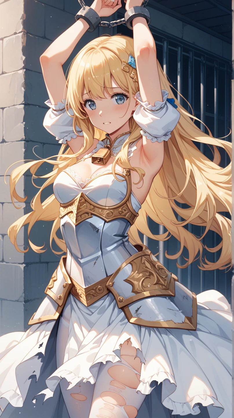 (masterpiece, best quality, great:1.2), CG, illustration, cute face, kawaii,1girl, solo, shiny hair, shiny skin, blond long hair, straight hair, laugh, BREAK, blue eyes, BREAK, (Standing Upright), natural hand poses, (face and body straight at the camera:1.3), (cowboy shot), tall stature, medium breasts:, medium ass:, elegance,, Holy Knight, (have a great sword), BREAK, elegant white dress, BREAK, (equipped with gold chest armor, arm armor, waist armor), (fantasy world:1.4),