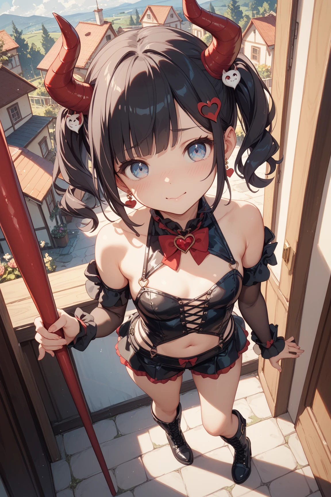 The body is slim、Masterpiece、Highest quality、Highest quality, (long and thin legs, shoes:1.2), Arm behind wrist, Standing posture、1 girl, Ahegao, Cute eyes, (Detailed face:1.3)、black eye, Open your mouth, The whole face turns red, alone, Big and ample breasts, (Straight bangs, Twin tails), White maid outfit、Side bust、Underbust、belly button、Walking through the mansion'corridor