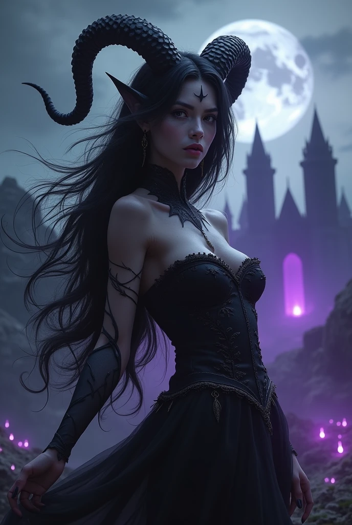 “Dance of Temptation":.
A sexy female devil dances on an ancient stone floor. She is dressed in a see-through black dress that accentuates her curves. Her dark eyes and red lips are seductive, and her long silver hair sways in the air. An aura of magical purple light surrounds her, and a stone wall inscribed with ancient spells is visible in the background. Aim for realistic depiction, make sure photos are at highest resolution (8K).
