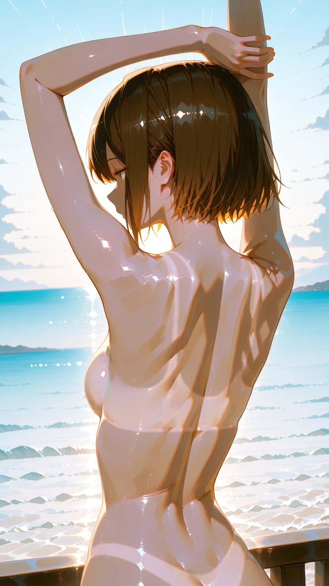 Two high school girls、Photorealisticistic beautiful female student、18-year-old、Stunningly beautiful、Beautiful body、(Highest quality、8k、32K、masterpiece、Hmph:1.3)、Ultra-high resolution,(Photorealistic:1.4),RAW Photos, Detailed face,,Beautiful Hair,, ,Very short hair 、Very short hair、Stunningly beautiful二重まぶた、Beautiful nipples、 Natural Makeup,, Small and perfect breasts, Wet Hair、Detailed Background, Perfect lighting, Written boundary depth, Beautiful shadow gradation、Thin limbs、Thin thighs、(whole body)、Ocean、Sandy Beach、Beautiful sky、Beautiful slim perfect body、Beautiful high nose、Side view、Medium chest、Drenched in sweat、nude、(Yoshizuki Iori)