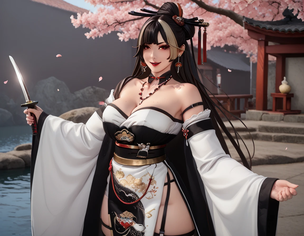 Woman wearing red geisha outfit with yellow flower designs, golden accessories in her hair, long black hair, red eyes, smiling, big breasts, white socks, black wooden shoes, walking on a wooden sidewalk. concrete in a traditional Japanese neighborhood, sakura in some parts, entire body. HD, bloom, very detailed, well defined, ultra resolution, surrealism,
