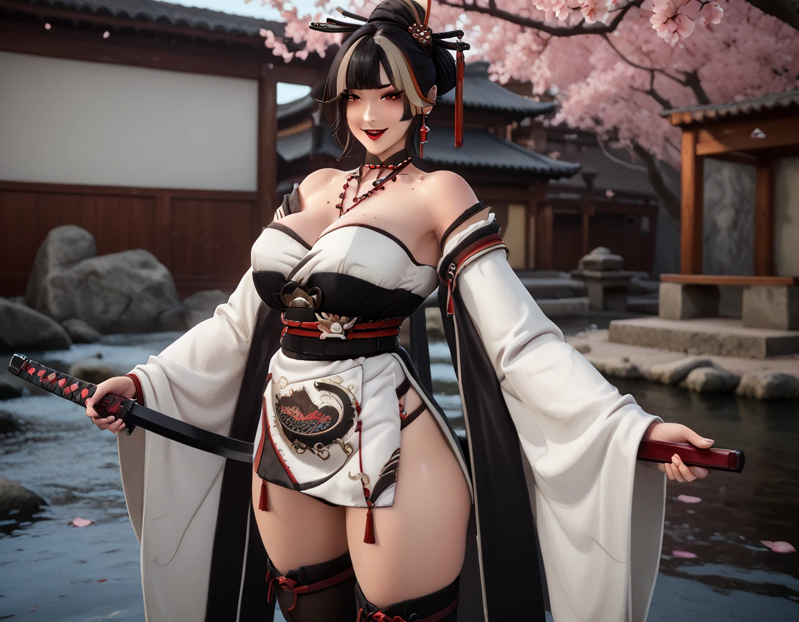 One Girl, Fox Girl, Nine-Tailed Fox,Fox Ears, Black colored hair, Fox Makeup,One Girl, Kimono with open chest, Body size is 100-70-90!, Nice body, Avatar, face, Open chest, lewd face, Dominant representation, naughty face, Big Breasts, Emphasize cleavage,Show bare skin, Skin is visible, With legs apart, Show off your thighs, M-shaped legs, A beautifully patterned kimono,Red and black flowing water pattern kimono, I can see her cleavage, Muscular, Uplifting, Abdominal muscles, Exposed skin, Long Hair, Skin Texture, Soft breasts, Large Breasts, Standing in a grassy field, outside, Blue sky,Composition facing directly ahead, Grab your breasts with both hands, Fingers digging into breasts, Developmental atmosphere, god秘的な絵, god々Cool atmosphere