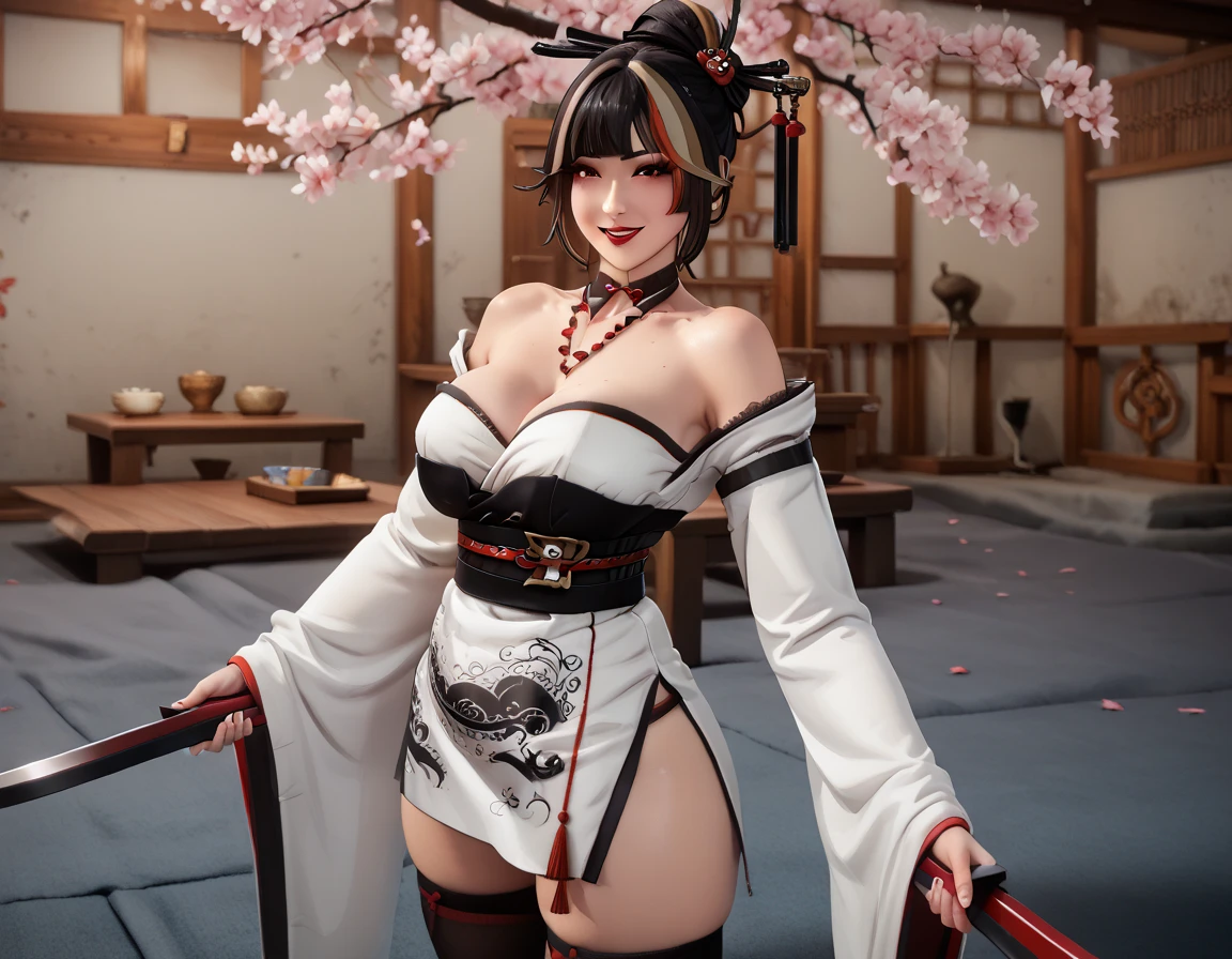 (masterpiece, best quality, 4k, detailed, intricate),atmospheric lighting, beautiful face, score_9, score_8_up, score_7_up, score_6_up, uncensored, tifa lockhart black hair, sidelock, white hairband, red eyes, BREAK (masterpiece:1.2), best quality, high resolution, (detailed eyes:1.3), perfect lighting, (perfect hands, perfect anatomy), large breasts, One beautiful woman, (kimono), bare shoulder, obi, crossed leg sitting, facing viewer, tori, blossoms, autumn, fog, hand support,