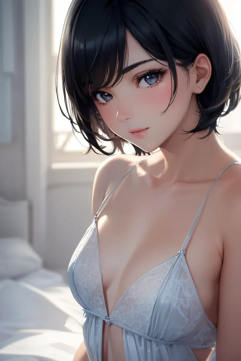 (((Masterpiece))), (((topview))), diffused light, dynamic shadows, sharp focus, realistic, detailed, highres, absurdres, white background, no bra, photorealistic, lifelike, steamy, sweaty, mascara, blushing, sleeveless, youthful appearance, hands behind head, lips apart, lip gloss, cleavage, sultry look, looking at viewer