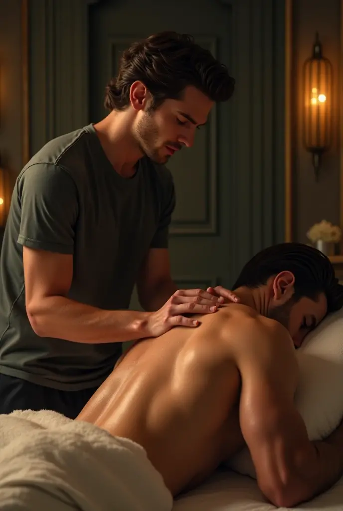 Sexy man with surgical gloves massaging woman on back