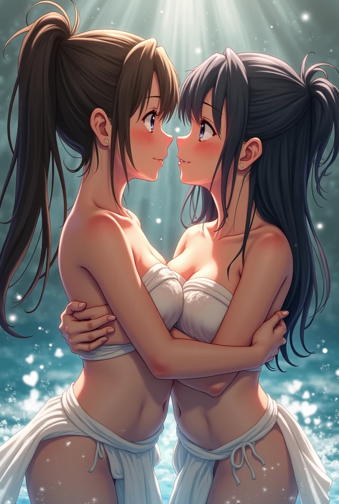 (((masterpiece, Highest quality:1.5,absurdres))),(kissing,yuri),orgasm、Two 25-year-old beauties,(dark blue hair),brown hair,((very small head:1.3)),long hair,bangs,dark blue eyes,gorgeous eyes,blush,Heavy breathing,tongue、drooling,medium breasts,((very long body:1.4)),((toned body,slender body)),skinny,(((brown skin))),gleaming skin,shiny skin,sweat:1.5,(white sports bikini、navel、Love juice),Lesbian sex、sports gym、