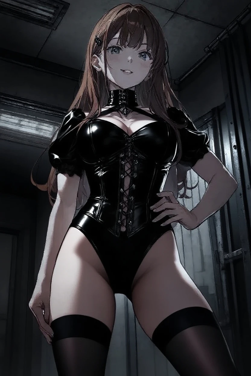 dark fantasy anime illustration of a (mature MILF BIMBO albino skin and short white hair), (FULL BODY) perfect face, wearing tight leather stealth armor, stalking, BIG KNOCKERS CLEAVAGE, lustful smirking smile red blush red cheeks, chain leash, kneeling, shackles, leather black collar slave, ((BLACK background)) hands on glass WITH KNOCKERS on glass, glass window fog water drop, 5 fingers each hand, metal handcuffs, black choker collar, thighhighs, long legs, metal ankle, metal sandals, metal shoulders, standing straight symmetrical against glass