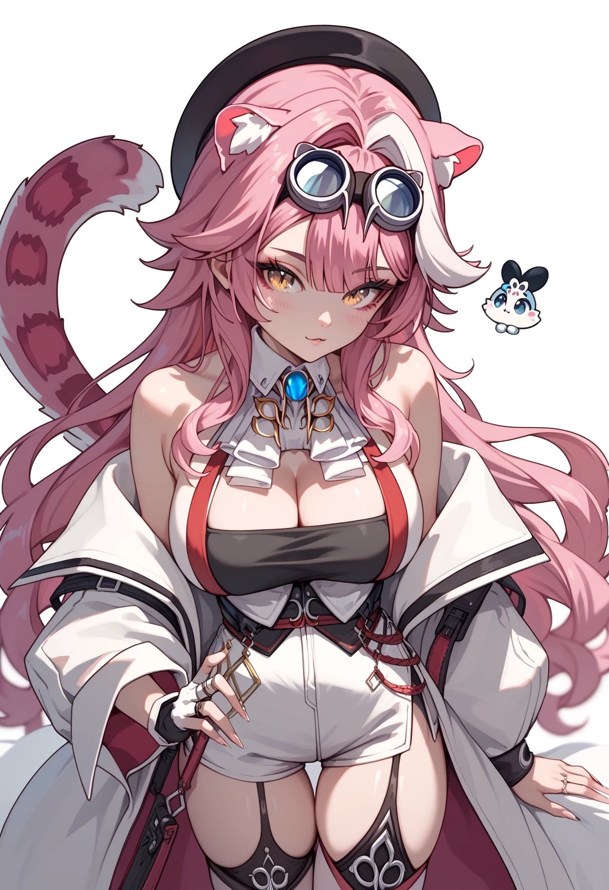 Cutesexyrobutts style, 1girl, breasts, animal_ears, pink_hair, blue_eyes, solo, tail, cleavage, large_breasts, virtual_youtuber, long_hair, cat_tail, cat_ears, open_mouth, looking_at_viewer, multicolored_hair, cat_girl, smile, hat, streaked_hair, animal_ear_fluff, bare_shoulders, fangs, bangs, teeth, jacket, blush