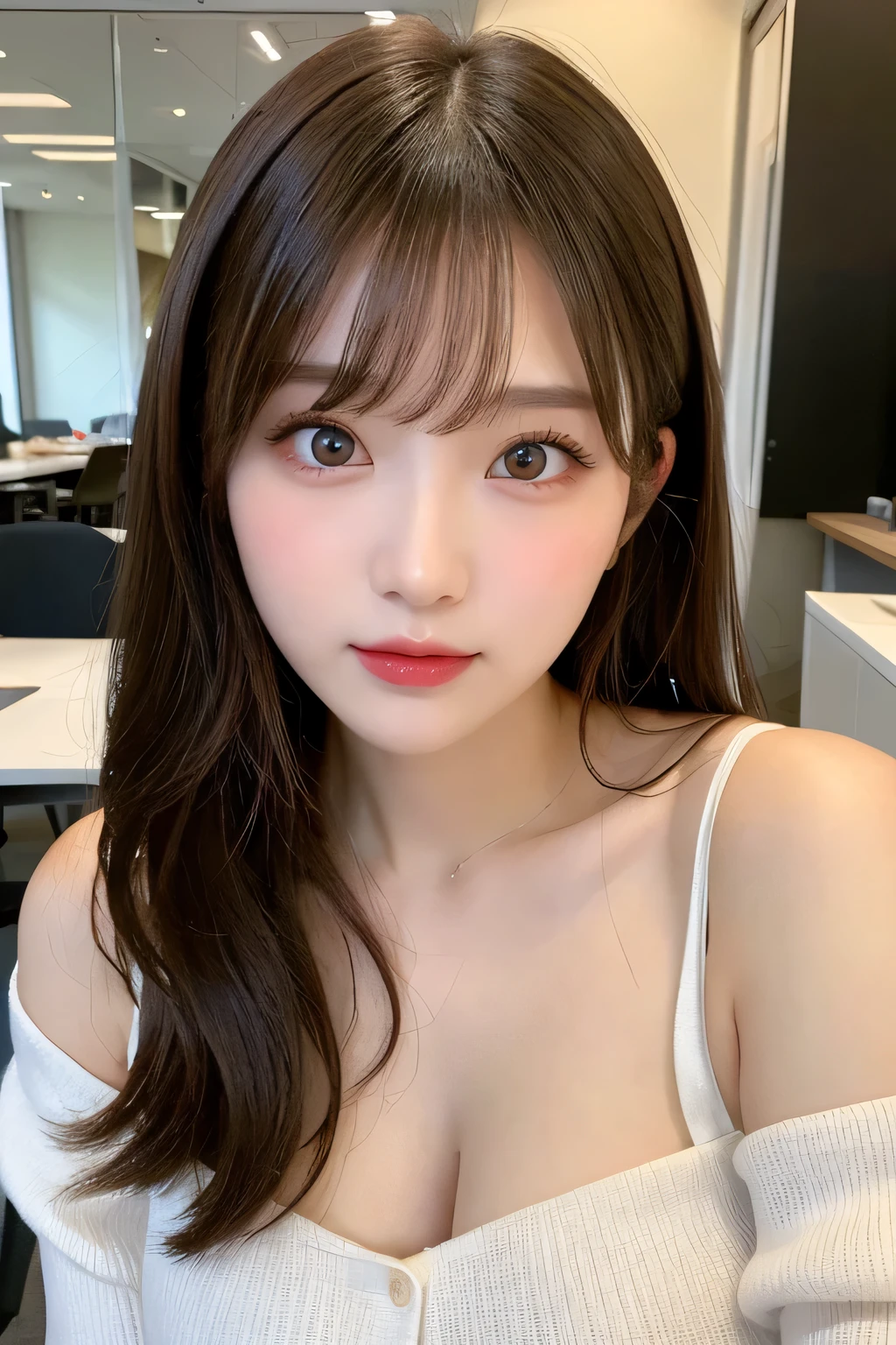 table top,(highest quality, masterpiece:1.2), Super detailed, High resolution, 8k wallpaper, perfect dynamic composition, detailed and beautiful eyes, long hair,small breasts, natural color lips, bold sexy pose, shy smile, 20-year-old, cute woman, sexy style, Tokyo, sexy shot looking at camera, winter fashion,hairstyle ponytail,Winter clothes,Chest coordination,off shoulder