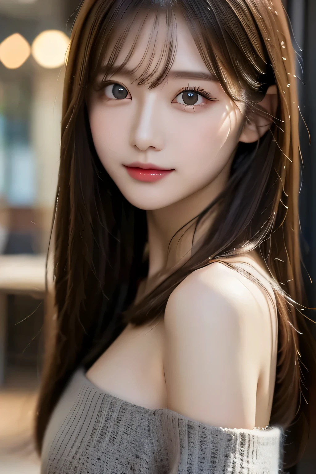 masterpiece, 1 beautiful girl, detailed, Swollen eyes, highest quality, 超High resolution, (reality: 1.4), Original photo, One girl, Cinema Lighting, smile, Japanese, Asian Beauty, Korean, clean, so beautiful, Small young face, Beautiful Skin, thin, Cyberpunk Background, (Ultra-realistic), (High resolution), (8k), (非常にdetailed), (Best illustrations), (Beautiful and detailed eyes), (非常にdetailed), (wallpaper), (detailedな顔), Viewers are watching, The finer details, detailedな顔, Pure Erotic Face Ace_v1, smile, 46 point diagonal bangs, Look straight ahead, Body facing forward, Realistic photos,