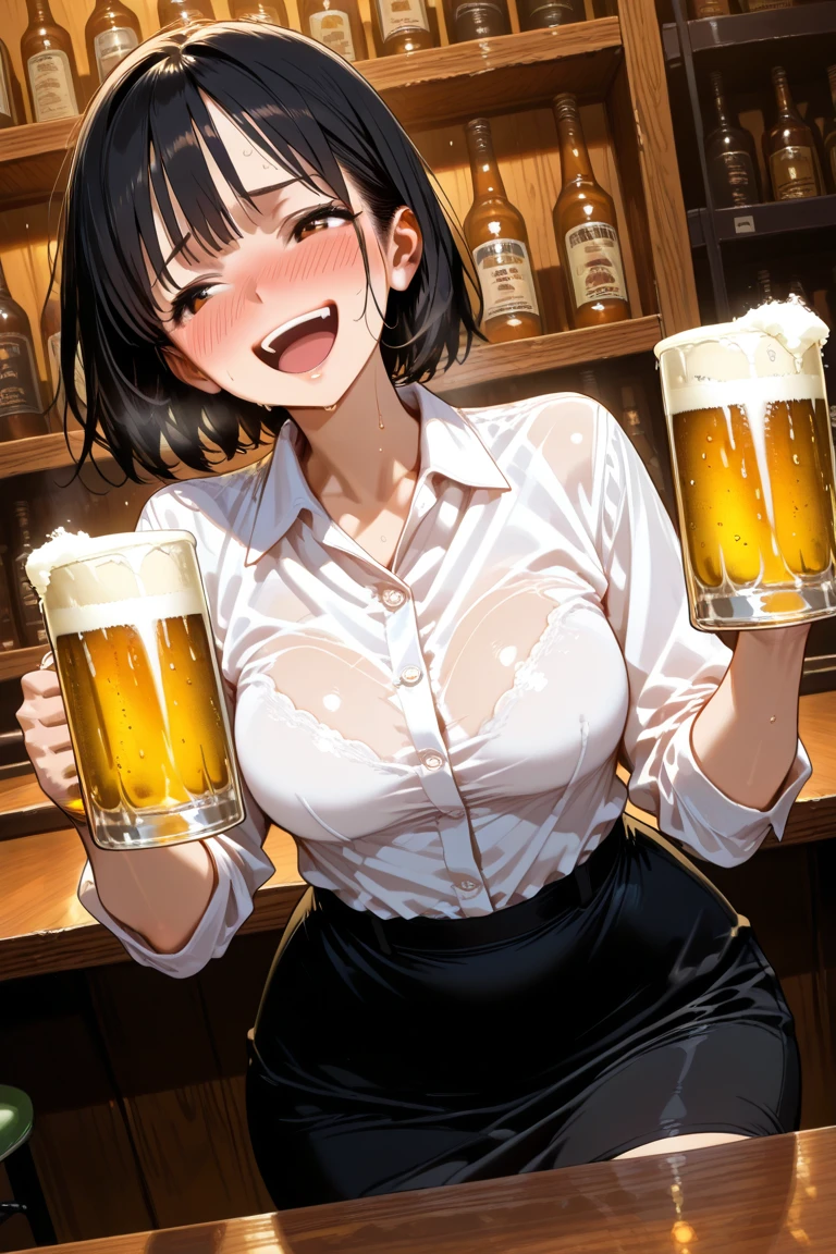 masterpiece, best quality, cowboy shot, mature woman, bob hairstyle, black hair, mature face, hot face, drunk, sharp eyes, medium breasts, curvy body, hazel eyes, unbuttoned white shirt, looking at viewer, very close to viewer, face to face, tough appearance, in the bar, holding beer, sitting across table
((looking drunk),