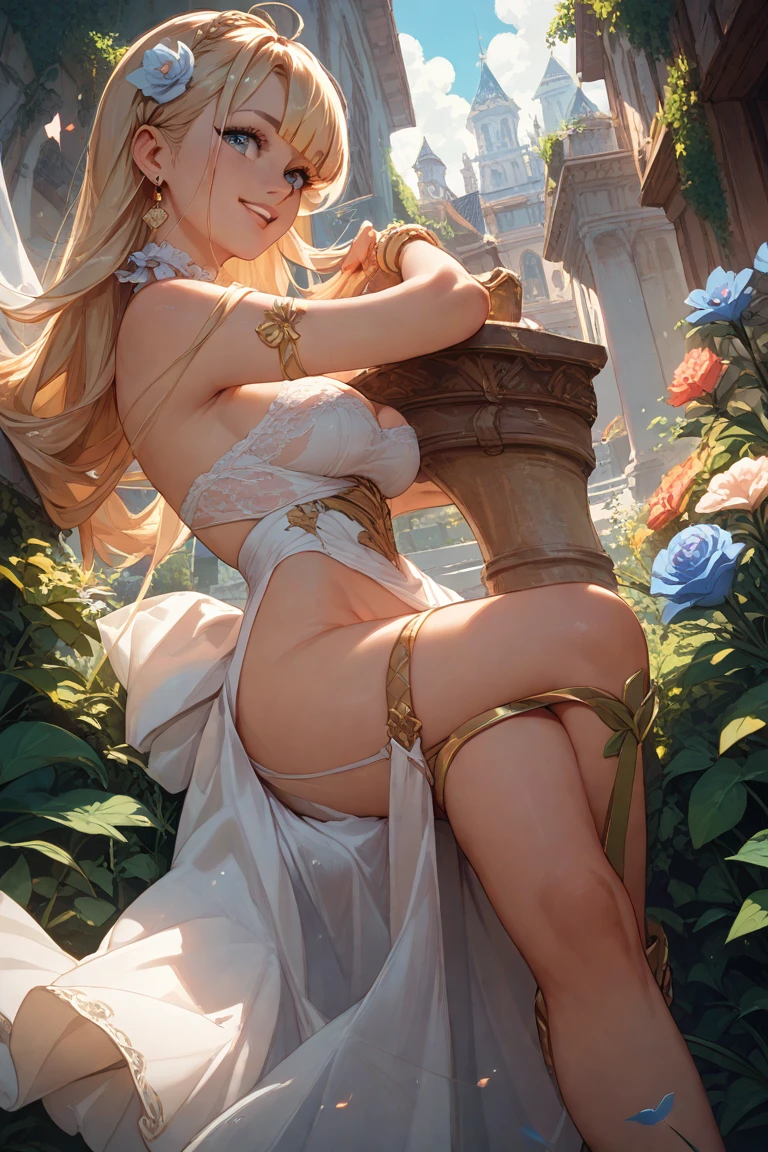 (nsfw 1.1), ((1girl)), ((masterpiece)), realistic, ((highly detailed:1.3)), beautiful elf princess bathing in a marble tub, ((very long blonde hair)), wet hair, wearing a sheer bathrobe, clothed bathing, ivorygoldai, royal palace bathroom setting, steam, ornate marble tub, (rose petals floating in water:1.3), early morning light, windows, crepuscular lighting, dynamic pose, dynamic angle