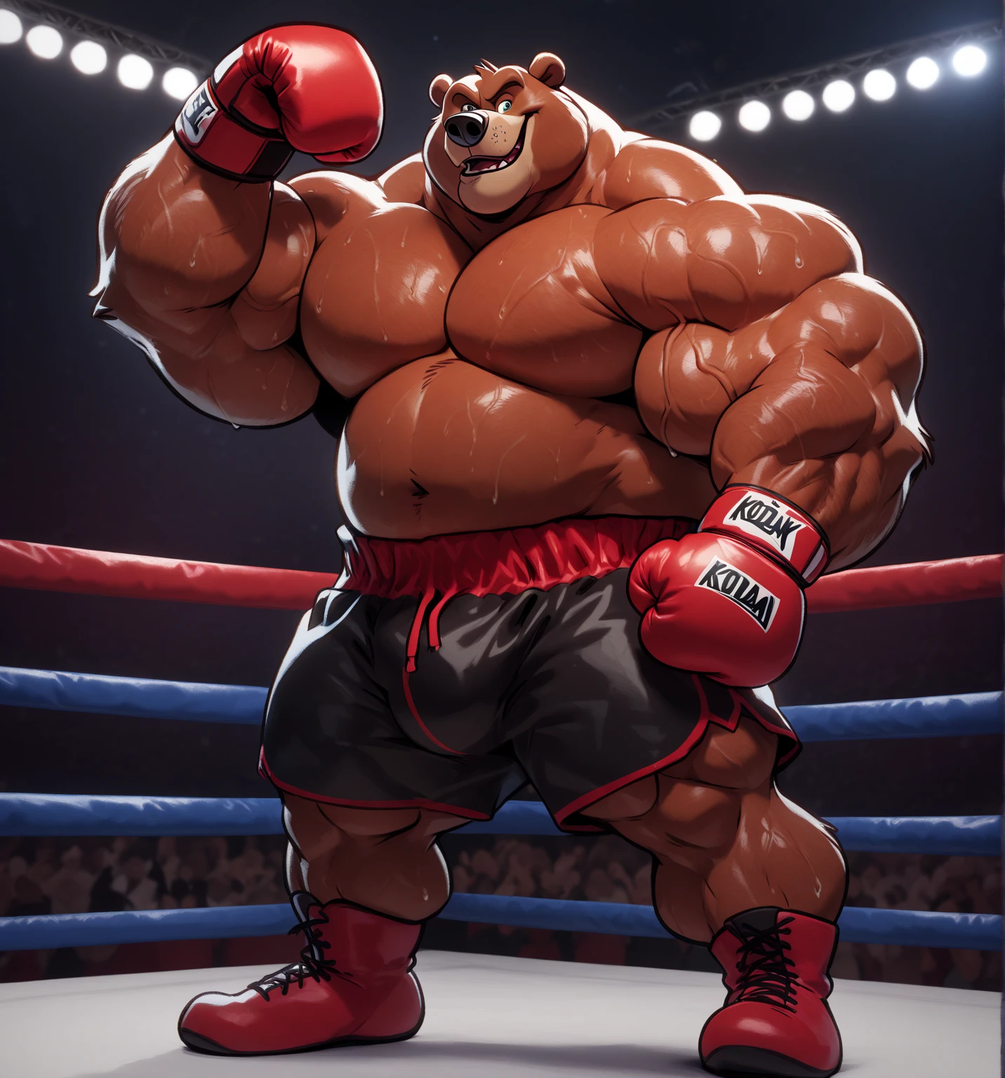 Baloo as the kickboxing MMA Champion, huge thick muscles, shirtless and topless, kickboxing gloves, MMA shorts, footwear, brown fur, correct anatomy, by Walt Disney