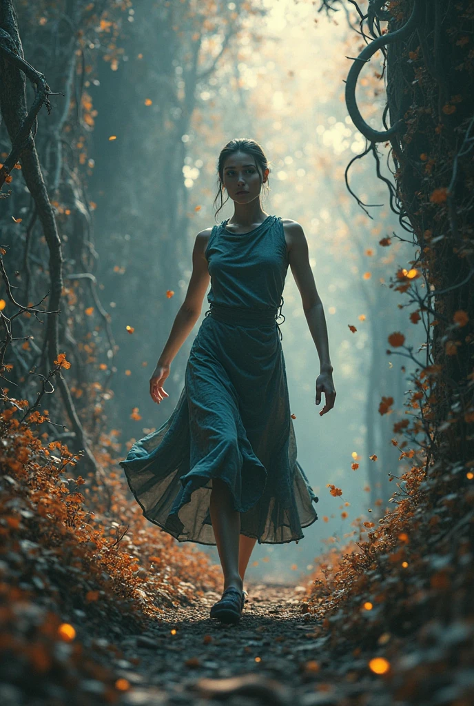 A leaves woman like figure dancing on the forest rainy background