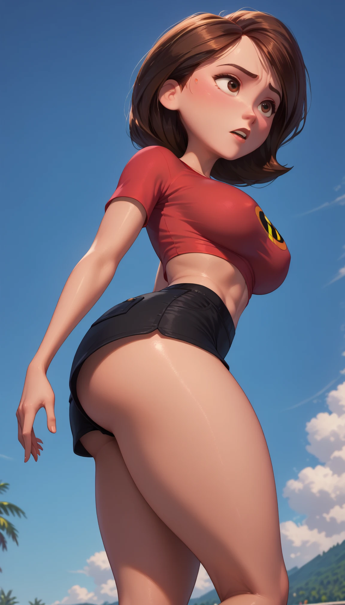 (masterpiece:1.3), (highly detailed:1.3), (highres:1.1), best quality, Ultra-detail, 1girl, solo, looking at viewer, fiery tail, wolf ears, Sinder vtuber, cleavage, standing, excited, red top, black mini skirt, pleated skirt. midriff, brunette, seductive, squatting, legs apart, open legs, exposed panties, back view, thong, big ass, from behind,