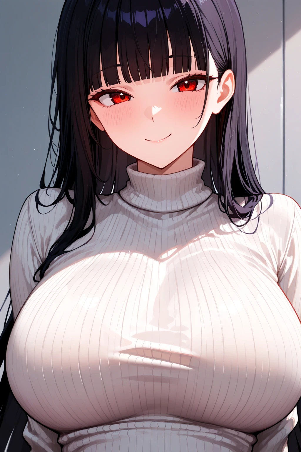 1girl, long hair, red eyes, black hair, large breasts, upper body, grin,