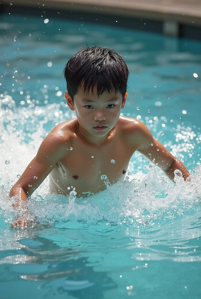 Real child, swimming, orange briefs, happy laughter, high nose