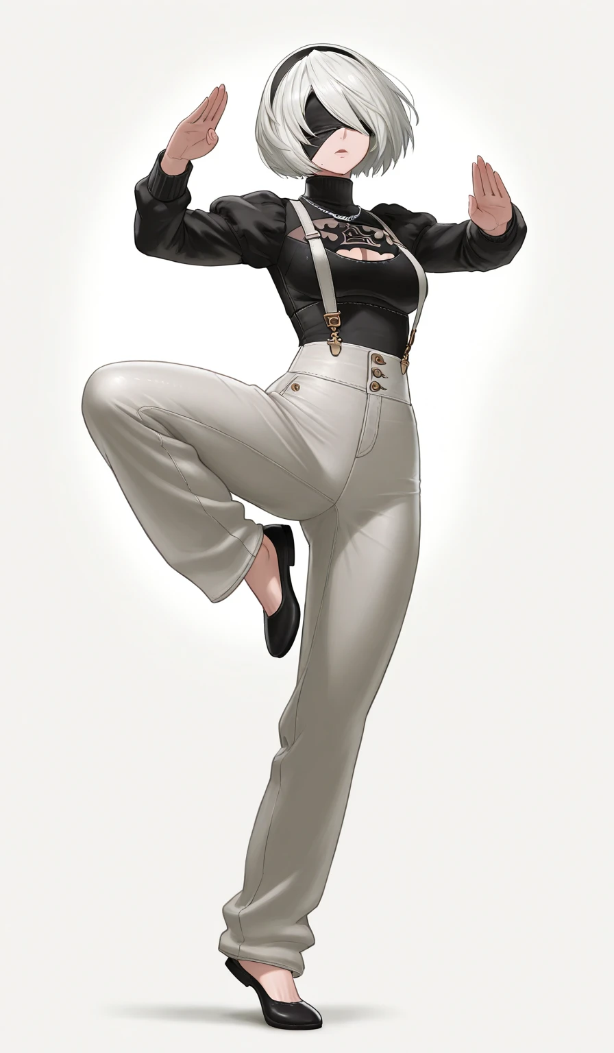 digital art, highly detailed, reference sheet, standing pose, feminine features, mature woman, adult female, fit figure, whole body, bald, form-fitting, turtleneck sweater, suspenders, belt, baggy pants, flat shoes, 1woman, solo, upper body, lower body, ((Extremely Detailed)), ((Best Quality)), ((Masterpiece)), ((4k)).