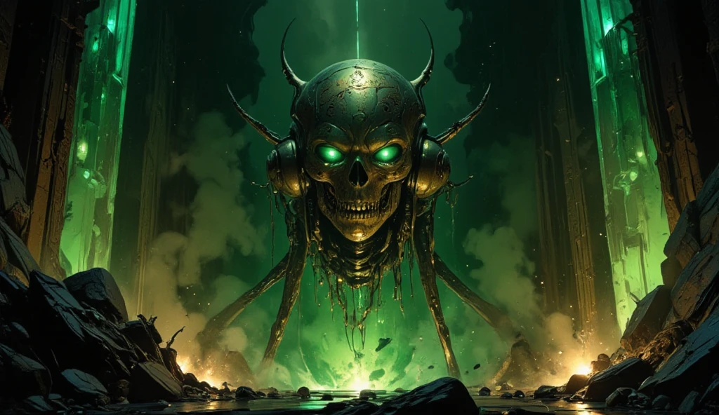 ((dark biopunk horror)), gloomy biopunk, high creature, long green closed cloak, silver glossy closed smooth pointed helmet, green glowing eyes, many eyes, highly detailed art, dark character, creepy character
