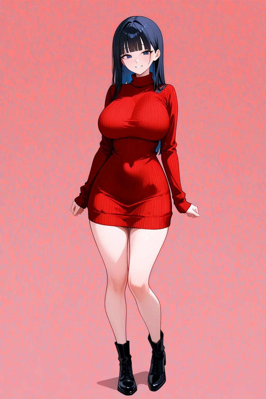 1girl, yor_briar, solo, red_eyes, jewelry, sweater, breasts, black_hair, earrings, red_sweater, hairband, sweater_dress, gold_earrings, looking_at_viewer, large_breasts, thighs, white_hairband, from_below, covered_navel, closed_mouth, dress, long_hair, bangs, long_sleeves, indoors, hand_up