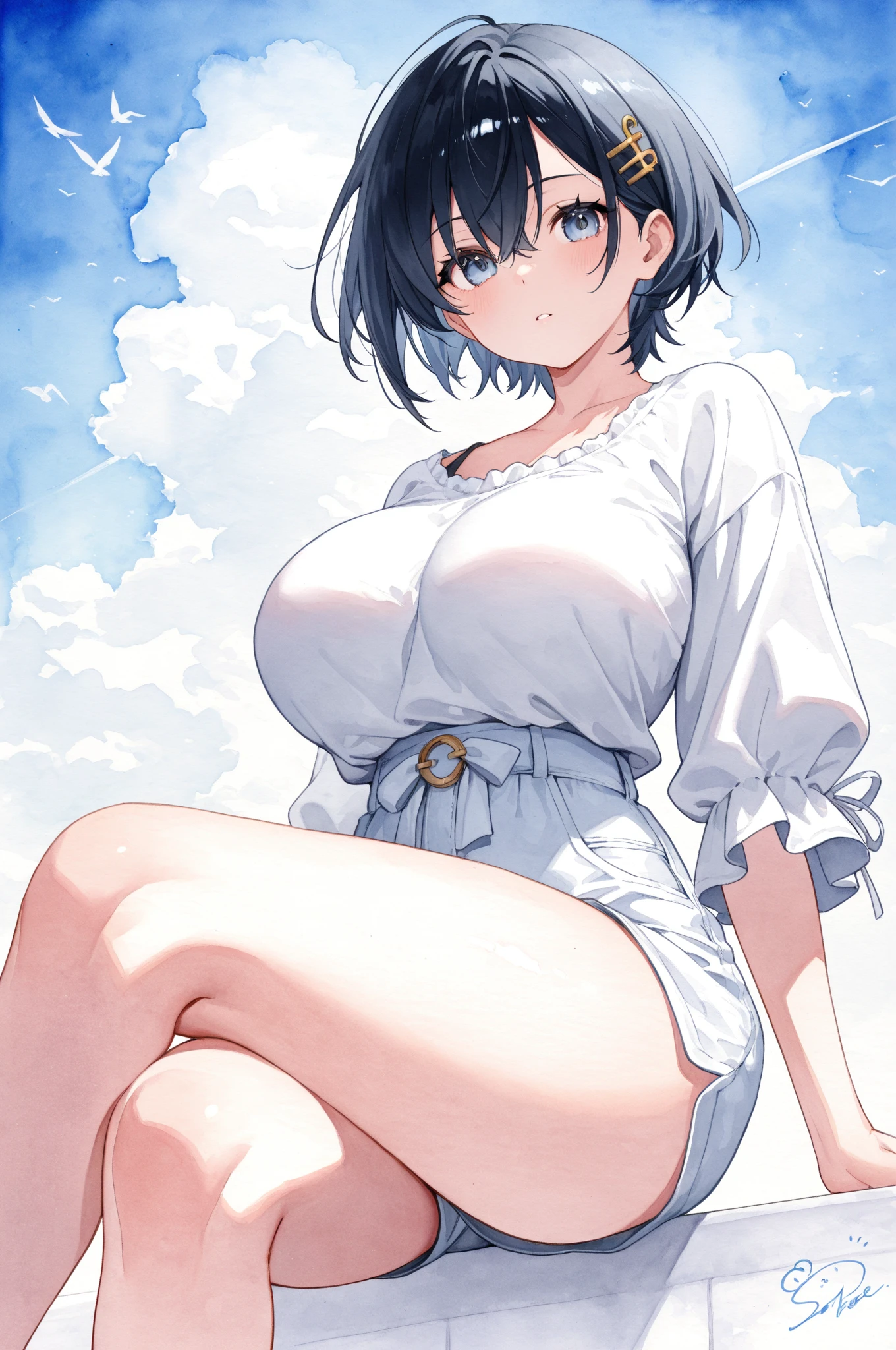 from below, (masterpiece), best quality, perfect face, (masterpiece, high quality, highest quality:1.2), 1girl, solo, black hair, (bob hair), medium breast, blue sky, (bikini), (thick thighs), (cameltoe:1.2), smile, (nipples), sky, clouds, cat ears, tail, wet, sweaty, ((sexy body)), (wide hips),
