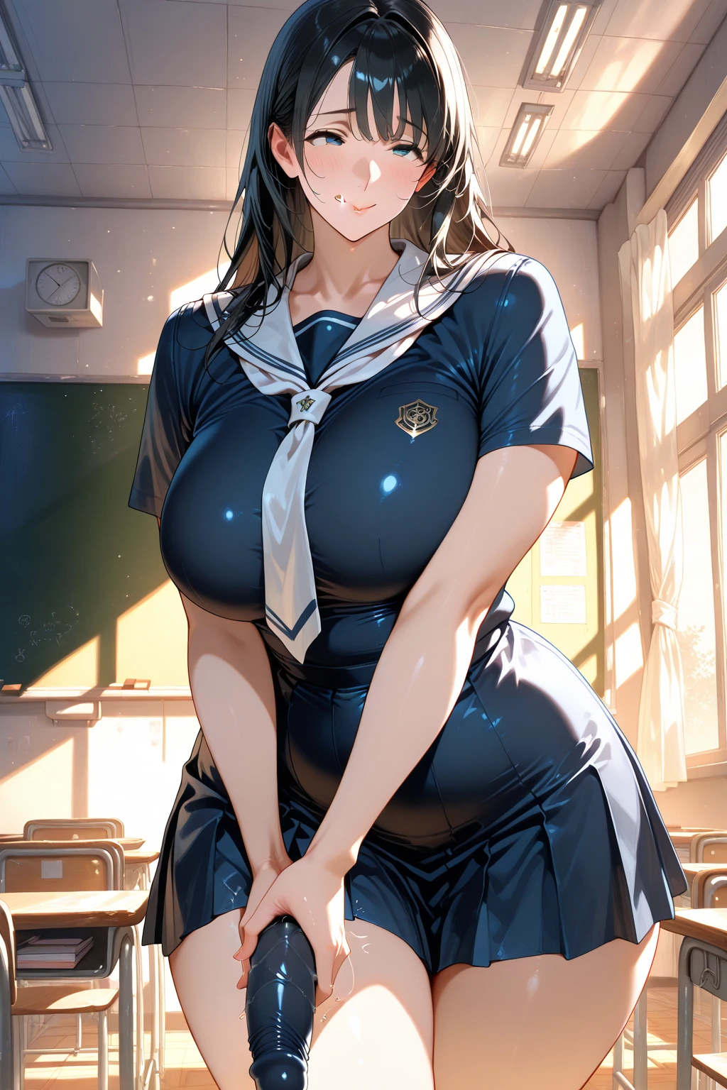 Anime illustration、High resolution、smile、A busty high school girl shows off her charms in a one-piece uniform in the classroom at dusk、Ribbon tie、Rumi Tsurumi、Perfect proportions、Cowboy Shot、Plump thighs、Sharp Eyes、Sweaty