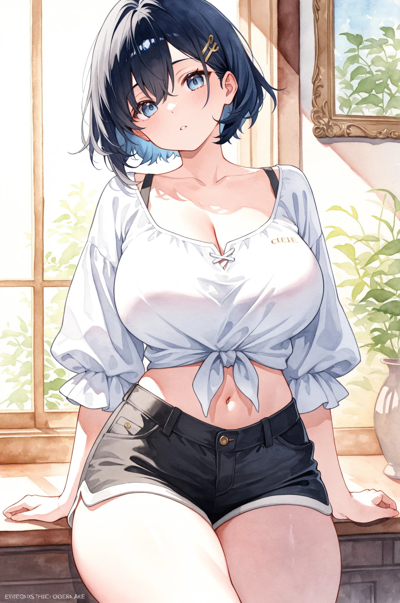absurdres, highres, (official art, beautiful and aesthetic:1.2), ultra detail, beautiful person, mature female, 1girl, narrow waist, wide hips, aayelan, short hair, bob cut, diagonal bangs, braid, green eyes, earrings, wristband,
crop top, underboob, pencil skirt, upskirt, white thong, pantyshot,
<lora:jean_divineElegance:0.6>, <lora:yelan_v1:0.4>
